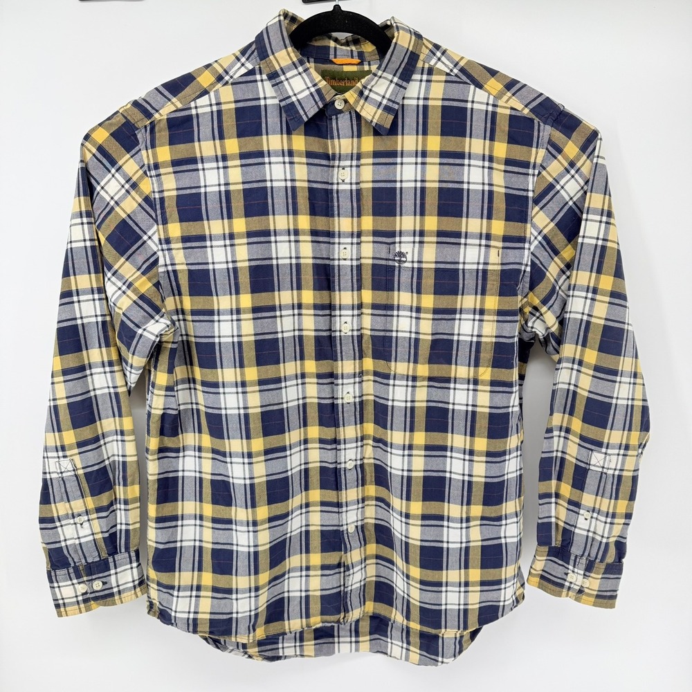 Timberland Mens Large Plaid Button Down Shirt Navy Blue Yellow Cotton 1155